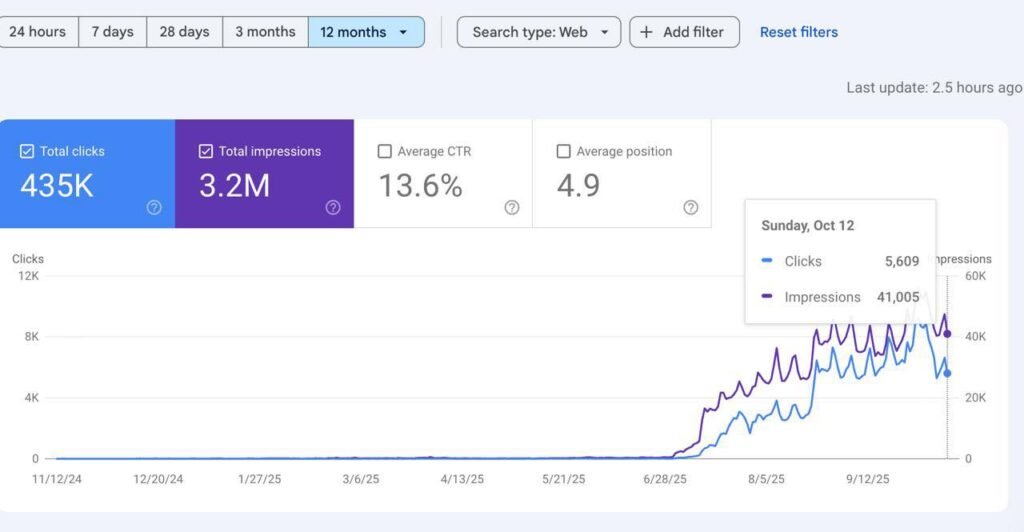 Website 12-month performance graph showing rising clicks, impressions, CTR, and ranking growth.