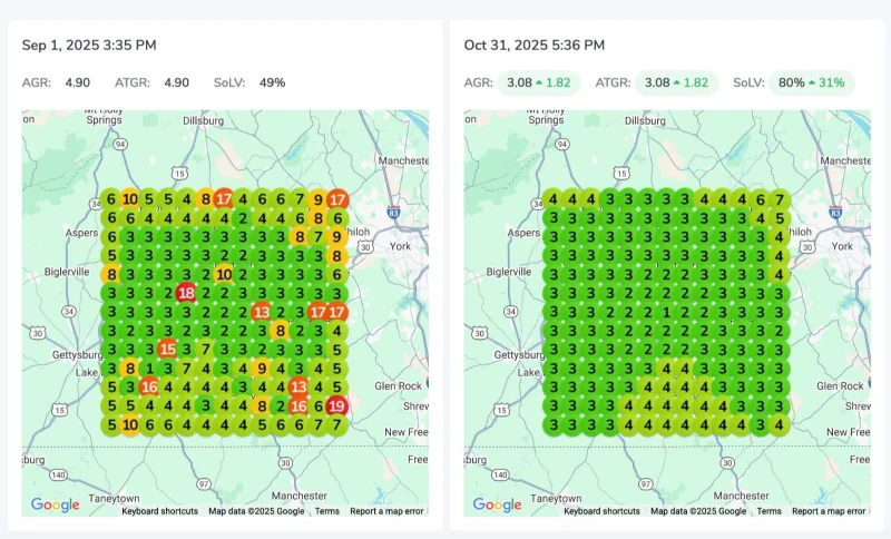 gmb ranking grid showing improve ranking from position 19 to position 1