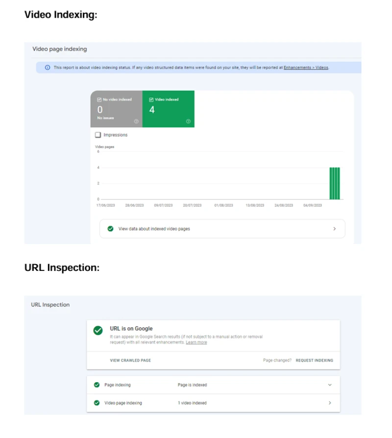 google search console performance of video indexing and url is good after optimization