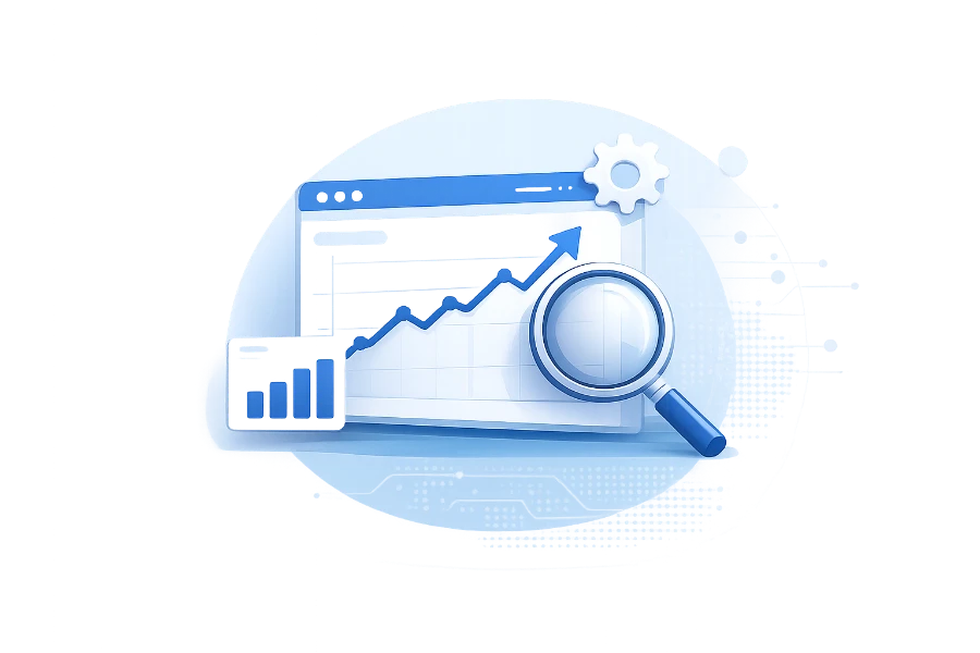 magnifying glass with paper showing ranking increase