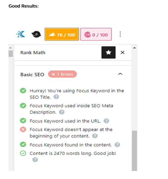 page 1 on-page keyword optimization of website showing in rankmath