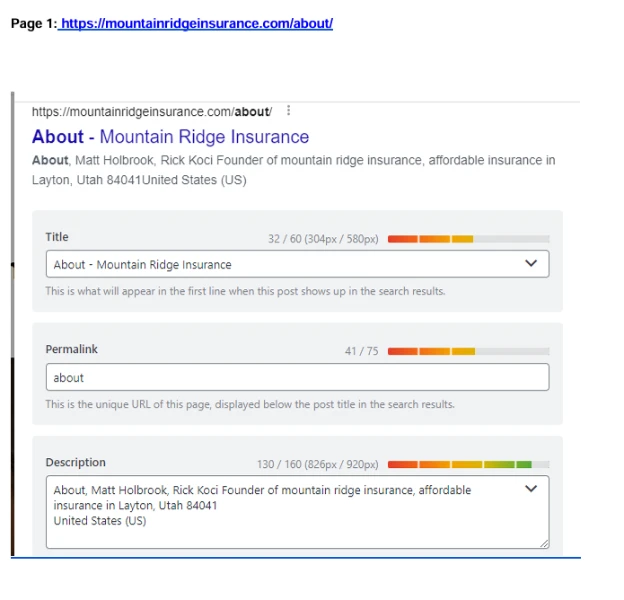 page 1 on-page optimization of website showing in rankmath