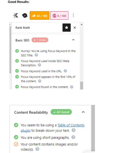 page 7 on-page keyword optimization of website showing in rankmath