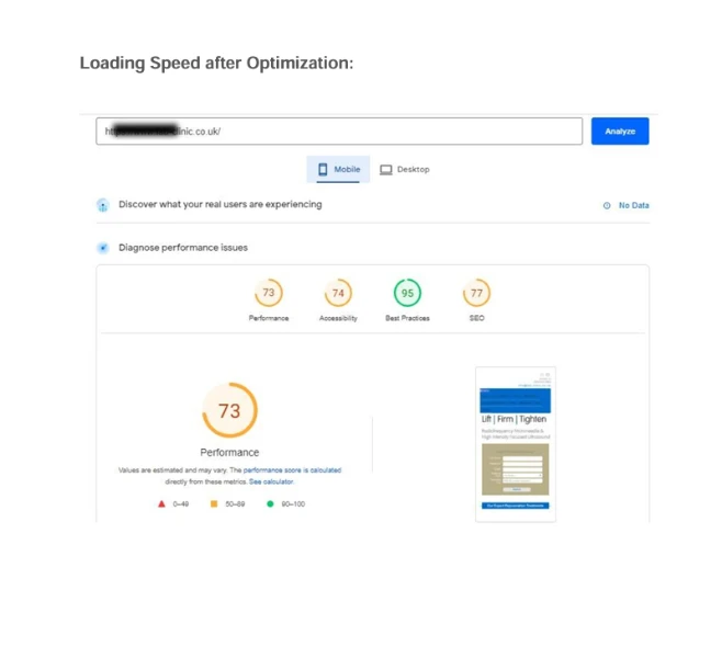 page loading speed after optimization 73 for mobile