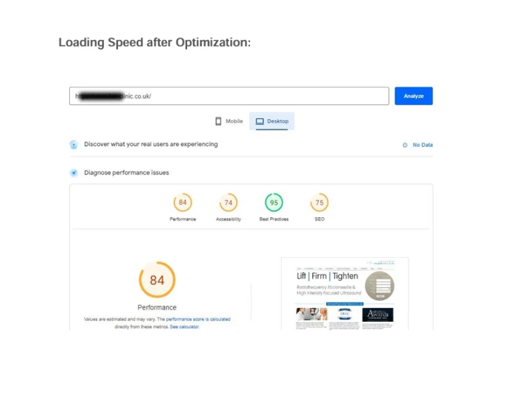 page loading speed after optimization 84 for desktop