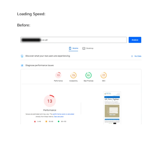 page loading speed before optimization 13 for mobile