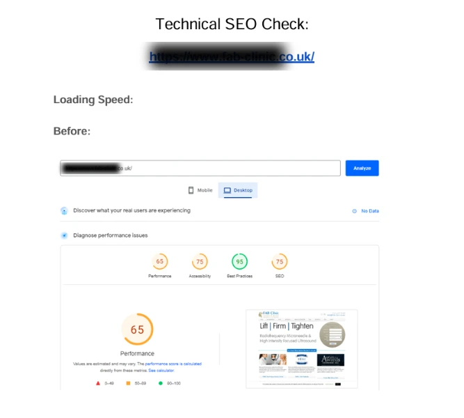 page loading speed before optimization 65 for desktop