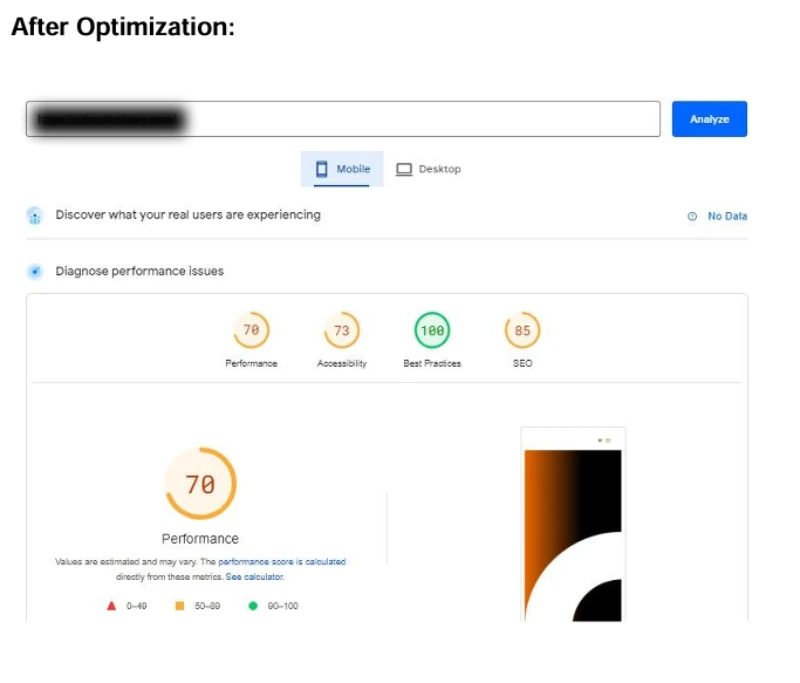 page speed insights performance 70 for mobile after optimization