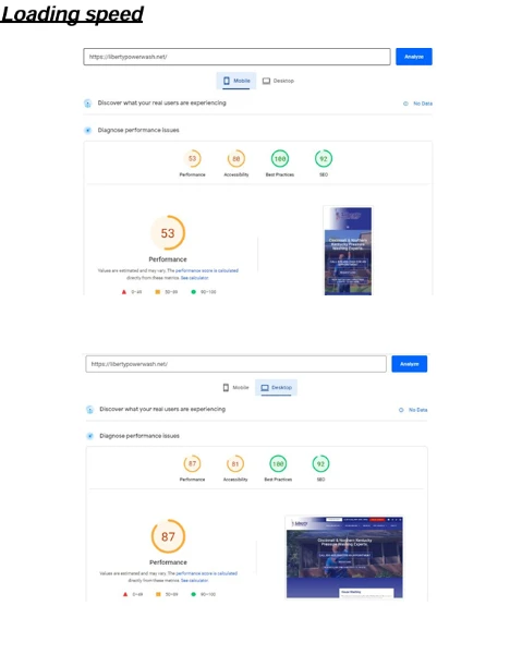 page speed insights performance score 53 for mobie and 87 for desktop
