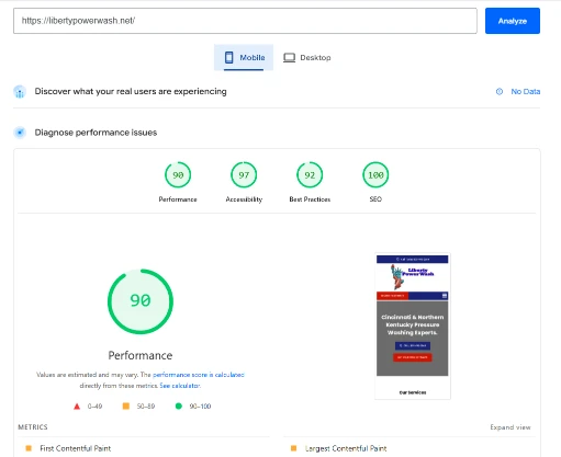 page speed insights performance score 90 for mobile