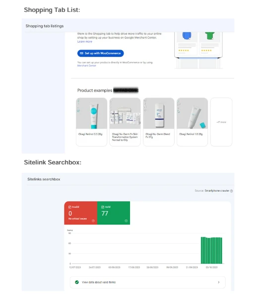 perfectly set shopping tab and sitelink search box